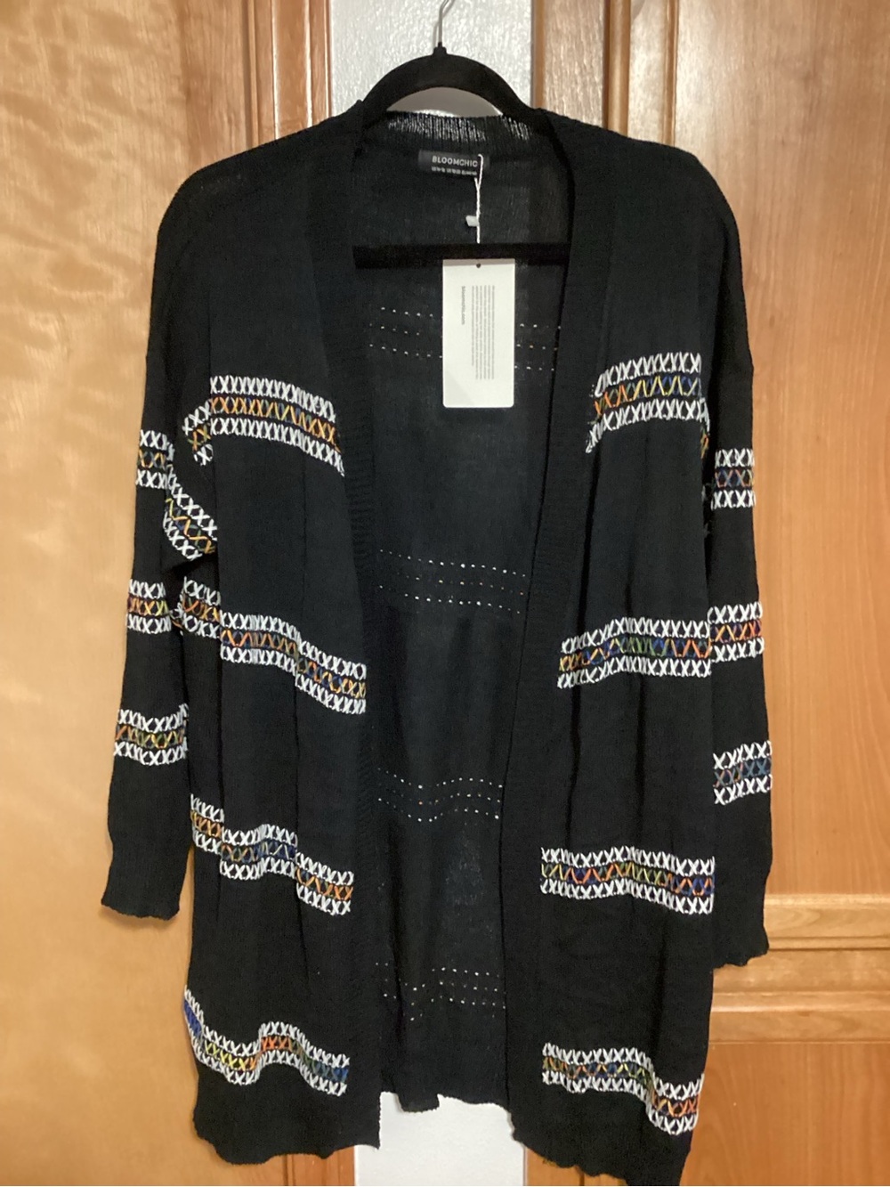 BloomChic Black Open-Front Cardigan with Multicolor Stitch Detail,NWT, 14/16